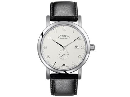 Mühle Glashütte Antaria Kleine Sekunde weiß – Herrenuhren Uhr mit Datum aus Edelstahl. Das Armband ist ein Lederarmband. Der Zifferblatt ist arabisch.
