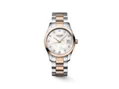 Longines Conquest Classic Quarz Edelstahl 34mm weißes Perlmutt-Zifferblatt mit Diamanten Metallband – Damenuhren Uhr mit Datum aus Edelstahl. Das Gehäuse ist rund und silber-roségold. Das Edelstahlarmband ist silber-roségold. Das Zifferblatt ist ein Index in weiß.