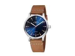 Mühle Glashütte Panova Blau Automatik Edelstahl 40mm braunes Lederband – Herrenuhren Uhr ohne Datum aus Edelstahl und Leder. Das Gehäuse ist rund und silber. Das Lederarmband ist braun. Das Zifferblatt ist ein Index in blau.