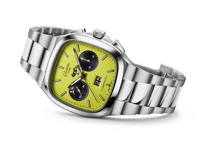 Glashütte Original Seventies Chronograph Panoramadatum Fusion Limited Edition Automatik Edelstahl 40mm grünes Zifferblatt Metallband – Herrenuhren Chronograph aus 585 Weißgold und Edelstahl. Das Gehäuse ist quadratisch und silber. Das Edelstahlarmband ist silber. Das Zifferblatt ist ein Index in grün. – Ansicht 2