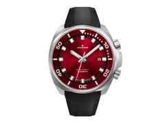 Junghans Aquaris Red Automatik Edelstahl 47mm rotes Zifferblatt Metallband und schwarzes Kautschukband – Herrenuhren Uhr mit Datum aus Edelstahl und Kautschuk. Das Gehäuse ist rund und silber. Das Edelstahlarmband ist silber. Das Zifferblatt ist ein Index in rot. – Ansicht 2