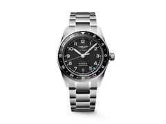 Longines Spirit Zulu Time Automatik Edelstahl 39mm schwarzes Zifferblatt Metallband – Herrenuhren Uhr mit Datum aus Edelstahl und Keramik. Das Gehäuse ist rund und silber. Das Edelstahlarmband ist silber. Das Zifferblatt ist arabisch Index und schwarz.