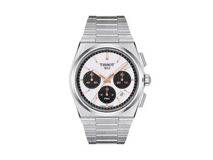 Herrenuhren Chronograph aus Edelstahl. Das Gehäuse ist rund und silber. Das Edelstahlarmband ist silber. Das Zifferblatt ist ein Index in silber.