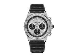 Breitling Chronomat B01 42 Automatik Edelstahl silbernes Zifferblatt mit Brillanten 1,30ct schwarzes Kautschukband – Herrenuhren Chronograph aus Edelstahl und Kautschuk. Das Gehäuse ist rund und silber. Das Kautschuk / Kunststoff / Silikon Armband ist schwarz. Das Zifferblatt ist ein Index in silber.