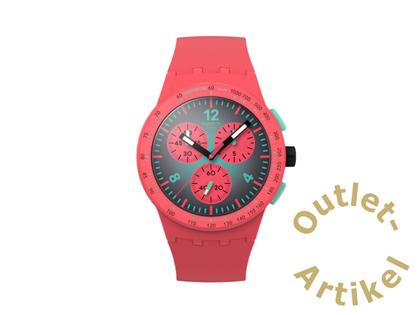 Swatch "Paradiso Kinetiko" Quarz Kunststoff 42mm schwarzes Zifferblatt pinkes Silikonband – Herrenuhren Uhr ohne Datum aus Kunststoff. Das Gehäuse ist rund und rosa. Das Kautschuk / Kunststoff / Silikon Armband ist pink. Das Zifferblatt ist ein Index in schwarz.