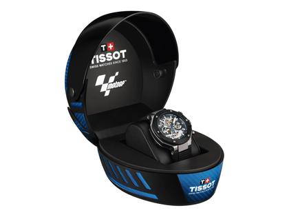 Tissot T-Race MotoGP                   2025 Chronograph Limited Edition Automatic Edelstahl 45mm skelettiertes Zifferblatt schwarzes Silikonband – Herrenuhren Chronograph aus Edelstahl und PVD beschichtet. Das Gehäuse ist rund und silber. Das Kautschuk / Kunststoff / Silikon Armband ist schwarz. Das Zifferblatt ist ein Index in blau. – Ansicht 5