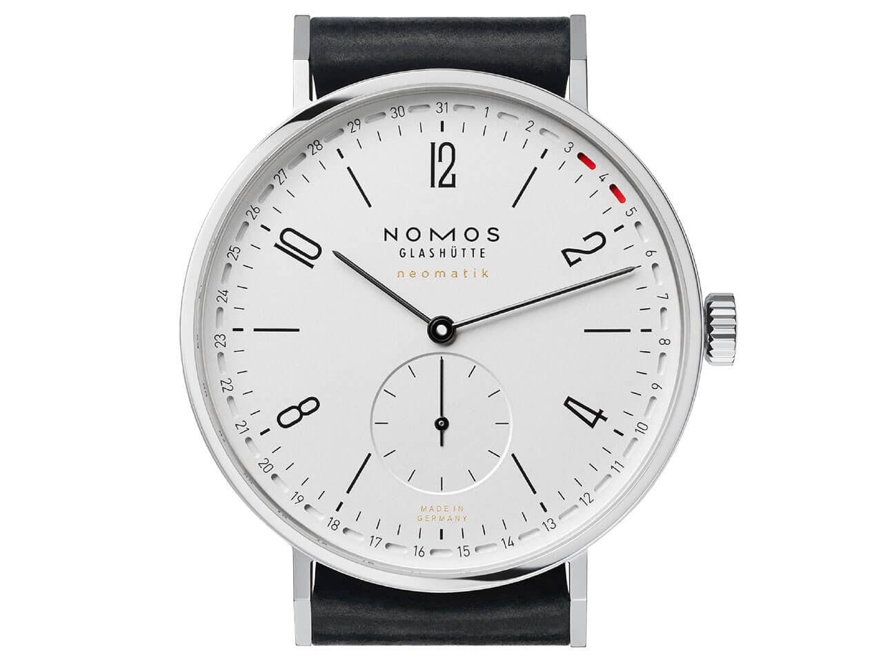 Nomos Glashütte Tangente 41 neomatik Update Automatik Edelstahl 40mm weißes Zifferblatt schwarzes Lederband – Herrenuhren Uhr mit Datum aus Edelstahl. Das Gehäuse ist rund und silber. Das Lederarmband ist schwarz. Das Zifferblatt ist arabisch Index und weiß. – Ansicht 7
