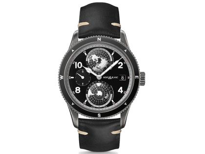 Montblanc 1858 Geosphere Ultra Black Automatik Edelstahl schwarz Lederband Limited Edition – Herrenuhren Uhr mit Datum aus Edelstahl und Leder. Das Gehäuse ist rund und grau. Das Lederarmband ist schwarz. Das Zifferblatt ist arabisch Index und schwarz.