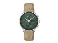 Junghans Meister Chronoscope Automatik Edelstahl 41mm grünes Zifferblatt braunes Lederband – Herrenuhren Chronograph aus Edelstahl und Leder. Das Gehäuse ist rund und silber. Das Lederarmband Strauß ist braun. Das Zifferblatt ist ein Index in grün.