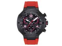 Tissot T-Race MotoGP                 2023 Chronograph Limited Edition  Quarz – Herrenuhren Chronograph aus Edelstahl und PVD beschichtet. Das Gehäuse ist rund und schwarz. Das Kautschuk / Kunststoff / Silikon Armband ist rot. Das Zifferblatt ist arabisch Index und schwarz.