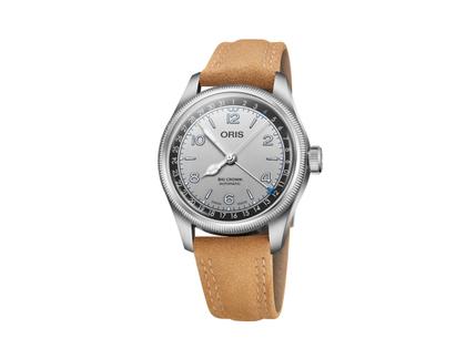 Oris Big Crown Pointer Date Lou Gehrig Limited Edition Automatik Edelstahl 40mm silbernes Zifferblatt braunes Lederband – Herrenuhren Uhr mit Datum aus Edelstahl und Leder. Das Gehäuse ist rund und silber. Das Lederarmband ist braun. Das Zifferblatt ist arabisch Index und silber.