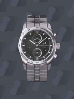 Porsche Design Custom Built Timepieces Watchmakers Choice "DarkNightBlue" Chronograph Automatik Titan 42mm schwarzes Zifferblatt Metallband – Herrenuhren Chronograph aus Edelstahl und Titan. Das Gehäuse ist rund und grau. Das Titanarmband ist grau. Das Zifferblatt ist ein Index in schwarz. – Ansicht 5