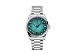 Omega Seamaster Aqua Terra 150M Automatik Edelstahl 38mm türkisfarbenes Zifferblatt Metallband – Herrenuhren Uhr mit Datum aus Edelstahl. Das Gehäuse ist rund und silber. Das Edelstahlarmband ist silber. Das Zifferblatt ist ein Index in türkis.