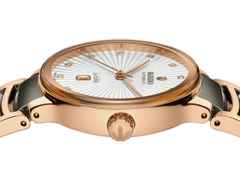 Rado Centrix Diamonds Automatik Edelstahl Roségold-PVD 30,5mm weißes Zifferblatt mit Brillanten Metallband – Damenuhren Uhr mit Datum aus Edelstahl, Keramik und PVD beschichtet. Das Gehäuse ist rund und roségold. Das Keramikarmband ist grau. Das Zifferblatt ist ein Index in weiß. – Ansicht 3