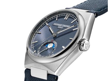 Frederique Constant Highlife Moonphase Date Manufacture Automatik Edelstahl 39mm blaues Zifferblatt Metallband und blaues Lederband – Herrenuhren Uhr mit Datum aus Edelstahl und Leder. Das Gehäuse ist rund und silber. Das Edelstahlarmband ist silber. Das Zifferblatt ist ein Index in blau. – Ansicht 5