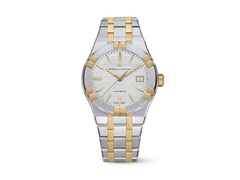 Maurice Lacroix Aikon Duotone Quartz Edelstahl 40mm silberfarbenes Zifferblatt zweifarbiges Metallband – Herrenuhren Uhr mit Datum aus Edelstahl und PVD beschichtet. Das Gehäuse ist rund und silber-gelbgold. Das Edelstahlarmband ist silber-gelbgold. Das Zifferblatt ist ein Index in silber.