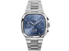 Glashütte Original Seventies Chronograph blaues Zifferblatt Metallband – Herrenuhren Chronograph aus Edelstahl. Das Gehäuse ist quadratisch und silber. Das Edelstahlarmband ist silber. Das Zifferblatt ist ein Index in blau. – Ansicht 2