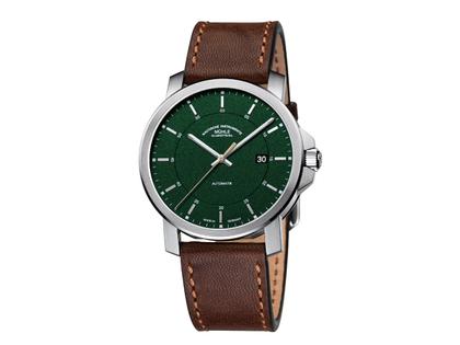 Mühle Glashütte 29er Casual Edition 30 Jahre Deutsche Einheit Automatik Edelstahl 42,4mm grünes Zifferblatt braunes Lederband – Herrenuhren Uhr mit Datum aus Edelstahl und Leder. Das Gehäuse ist rund und silber. Das Lederarmband ist braun. Das Zifferblatt ist ein Index in grün. – Ansicht 2