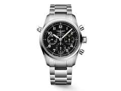 Longines Spirit Chronograph Automatik Edelstahl 42mm schwarzes Zifferblatt Metallband – Herrenuhren Chronograph aus Edelstahl. Das Gehäuse ist rund und silber. Das Edelstahlarmband ist silber. Das Zifferblatt ist arabisch Index und schwarz.
