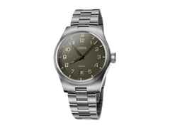 Oris ProPilot Date Automatik Edelstahl 41mm grünes Zifferblatt Metallband – Herrenuhren Uhr mit Datum aus Edelstahl. Das Gehäuse ist rund und silber. Das Edelstahlarmband ist silber. Das Zifferblatt ist arabisch und grün.