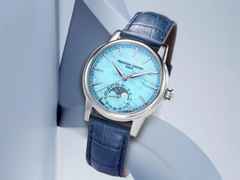 Frederique Constant Manufacture Classic Moonphase Date Automatik Edelstahl 40mm Türkis-Zifferblatt blaues Lederband limitiert – Herrenuhren Uhr mit Datum aus Edelstahl und Leder. Das Gehäuse ist rund und silber. Das Lederarmband Kroko / Alligator ist blau. Das Zifferblatt ist ein Index in türkis. – Ansicht 5