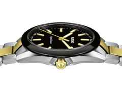 Rado HyperChrome Quarz Edelstahl 41,5mm schwarzes Zifferblatt zweifarbiges Metallband – Herrenuhren Uhr mit Datum aus Edelstahl, Keramik und PVD beschichtet. Das Gehäuse ist rund und silber. Das Edelstahlarmband mit Gold ist silber-gelbgold. Das Zifferblatt ist ein Index in schwarz. – Ansicht 3