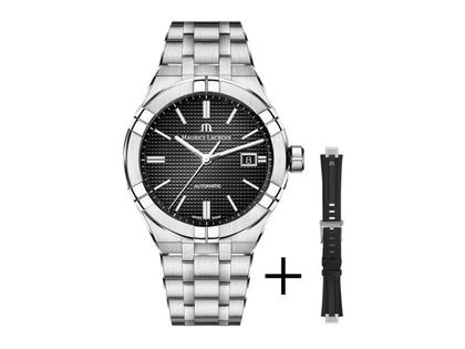 Herrenuhren Uhr mit Datum aus Edelstahl und Kautschuk. Das Gehäuse ist rund und silber. Das Edelstahlarmband ist silber. Das Zifferblatt ist ein Index in schwarz.