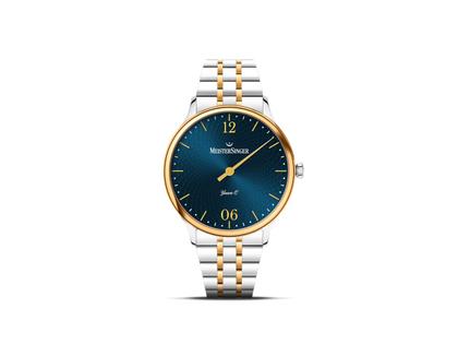 MeisterSinger Yaara Quarz Edelstahl 36mm blaues Zifferblatt Metallband – Damenuhren Uhr ohne Datum aus Edelstahl und PVD beschichtet. Das Gehäuse ist rund und silber. Das Edelstahlarmband ist silber-gelbgold. Das Zifferblatt ist arabisch Index und blau.