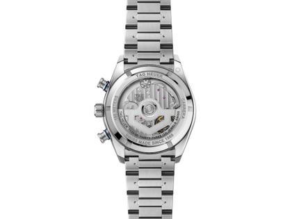 TAG Heuer Carrera Chronograph Sport Automatik Edelstahl 42mm blaues Zifferblatt Metallband – Herrenuhren Chronograph aus Edelstahl und Keramik. Das Gehäuse ist rund und silber. Das Edelstahlarmband ist silber. Das Zifferblatt ist arabisch Index und blau. – Ansicht 2