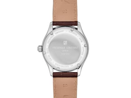 Frederique Constant Classics Automatik Edelstahl 39mm blaues Zifferblatt braunes Lederband – Herrenuhren Uhr mit Datum aus Edelstahl und Leder. Das Gehäuse ist rund und silber. Das Lederarmband ist braun. Das Zifferblatt ist ein Index in blau. – Ansicht 2