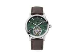 Frederique Constant Manufacture Classic Tourbillon Automatik Edelstahl 39mm grünes Zifferblatt braunes Lederband limitiert – Herrenuhren Uhr ohne Datum aus Edelstahl und Leder. Das Gehäuse ist rund und silber. Das Lederarmband Kroko / Alligator ist braun. Das Zifferblatt ist ein Index in grün.