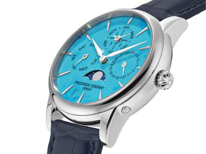 Frederique Constant Manufacture Classic Perpetual Calendar Automatik Edelstahl 40mm türkises Zifferblatt blaues Lederband limitiert – Herrenuhren Uhr mit Kalender aus Edelstahl und Leder. Das Gehäuse ist rund und silber. Das Lederarmband Kroko / Alligator ist blau. Das Zifferblatt ist ein Index in türkis. – Ansicht 2