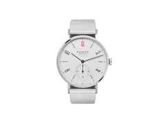Nomos Glashütte Tangente 39 neomatik für Ärzte ohne Grenzen Automatik Edelstahl 39mm weißes Zifferblatt Metallband – Damenuhren Uhr ohne Datum aus Edelstahl. Das Gehäuse ist rund und silber. Das Edelstahlarmband ist schwarz. Das Zifferblatt ist arabisch Index und silber.