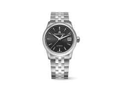 Maurice Lacroix 1975 Automatik Edelstahl 36mm schwarzes Zifferblatt Metallband – Herrenuhren Uhr mit Datum aus Edelstahl. Das Gehäuse ist rund und silber. Das Edelstahlarmband ist silber. Das Zifferblatt ist ein Index in schwarz.