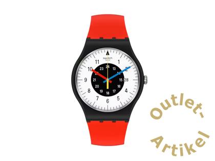 Swatch "Rogue & Noir" Quarz Kunststoff 41mm weißes Zifferblatt rotes Silikonband – Herrenuhren Uhr mit Datum aus Kunststoff. Das Gehäuse ist rund und schwarz. Das Kautschuk / Kunststoff / Silikon Armband ist rot. Das Zifferblatt ist arabisch und weiß.