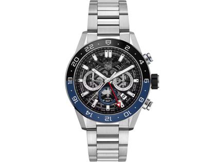 Herrenuhren Chronograph aus Edelstahl und Keramik. Das Gehäuse ist rund und silber. Das Edelstahlarmband ist silber. Das Zifferblatt ist ein Index in schwarz.