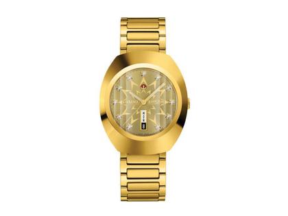 Herrenuhren Uhr mit Datum aus Edelstahl, Keramik und PVD beschichtet. Das Gehäuse ist oval und gelbgold. Das Edelstahlarmband ist gelbgold. Das Zifferblatt ist ein Index in gelbgold.