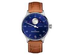 MeisterSinger Lunascope Automatik Edelstahl blaues Zifferblatt, braunes Lederband – Herrenuhren Uhr mit Datum aus Edelstahl. Das Gehäuse ist rund und silber. Das Lederarmband ist braun. Das Zifferblatt ist arabisch und blau.