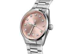 TAG Heuer Carrera Date Automatik Edelstahl 36mm lachsfarbenes Zifferblatt mit Brillanten Metallband – Damenuhren Uhr mit Datum aus Edelstahl. Das Gehäuse ist rund und silber. Das Edelstahlarmband ist silber. Das Zifferblatt ist ein Index in beige. – Ansicht 2