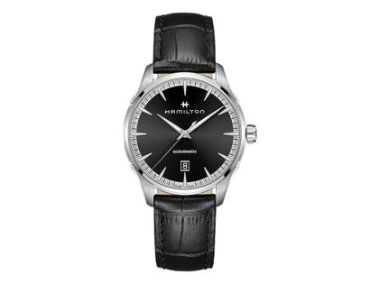 Hamilton Jazzmaster Automatik 40mm schwarzes Zifferblatt schwarzes Lederband – Herrenuhren Uhr mit Datum aus Edelstahl. Das Gehäuse ist rund und silber. Das Lederarmband ist schwarz. Das Zifferblatt ist ein Index in schwarz.