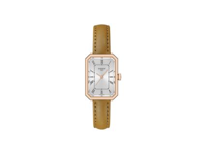 Tissot SRV Quarz Edelstahl Roségold-PVD 22x30mm silbernes Zifferblatt braunes Lederband – Damenuhren Uhr ohne Datum aus Edelstahl, Leder und PVD beschichtet. Das Gehäuse ist rechteckig und silber. Das Lederarmband ist braun. Das Zifferblatt ist römisch und silber.