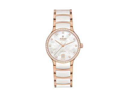 Damenuhren Uhr mit Datum aus Edelstahl, Keramik und PVD beschichtet. Das Gehäuse ist rund und roségold. Das Edelstahlarmband ist roségold. Das Zifferblatt ist ein Index in weiß.