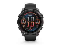 Garmin fenix 8 47mm AMOLED faserverstärktes Polymer Titan carbongrau beschichtet schwarzes Kautschukband – Herrenuhren Uhr Multifunktion aus DLC beschichtet, Kautschuk und Titan. Das Gehäuse ist rund und grau. Das Kautschuk / Kunststoff / Silikon Armband ist schwarz. Das Zifferblatt ist digital und schwarz.
