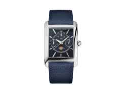 Frederique Constant Classics Carree Calendar Moonphase Quarz Edelstahl 42x30mm blaues Zifferblatt blaues Lederband – Herrenuhren Uhr mit Datum aus Edelstahl. Das Gehäuse ist rechteckig und silber. Das Lederarmband ist blau. Das Zifferblatt ist ein Index in blau.