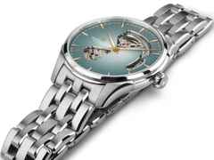 Hamilton Jazzmaster Open Heart Automatik Edelstahl 40mm hellblaues Zifferblatt Metallband – Herrenuhren Uhr ohne Datum aus Edelstahl. Das Gehäuse ist rund und silber. Das Edelstahlarmband ist silber. Das Zifferblatt ist ein Index in blau. – Ansicht 2