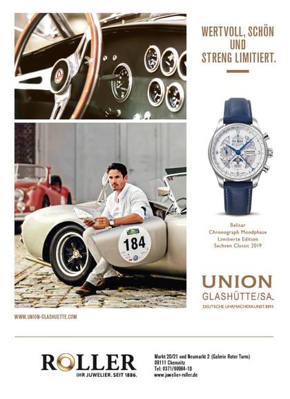 Union Glashütte Belisar Chronograph Mondphase Sachsen Classic 2019 Limited Edition Automatik Edelstahl 44mm weißes Zifferblatt blaues Lederband – Herrenuhren Chronograph aus Edelstahl. Das Gehäuse ist rund und silber. Das Lederarmband ist blau. Das Zifferblatt ist arabisch Index und weiß. – Ansicht 3