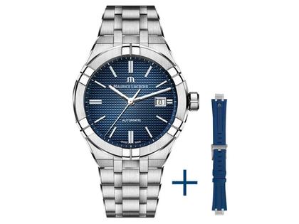 Maurice Lacroix Aikon Automatik  42mm blau Metallband und Kautschukband – Herrenuhren Uhr mit Datum aus Edelstahl. Das Gehäuse ist rund und silber. Das Edelstahlarmband ist silber. Das Zifferblatt ist ein Index in blau.