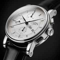 Mühle Glashütte Teutonia II Chronograph Automatik Edelstahl 42mm silbernes Zifferblatt schwarzes Lederband – Herrenuhren Chronograph aus Edelstahl. Das Gehäuse ist rund und silber. Das Lederarmband Kroko / Alligator ist schwarz. Das Zifferblatt ist ein Index in silber. – Ansicht 4