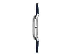 Junghans Max Bill Damen Quarz Edelstahl 32,7mm gelbes Zifferblatt blaues Lederband – Damenuhren Uhr mit Datum aus Edelstahl. Das Gehäuse ist rund und silber. Das Lederarmband ist blau. Das Zifferblatt ist ein Index in gelb. – Ansicht 3