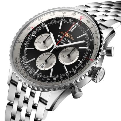 Breitling Navitimer B01 Chronograph 46 Edelstahl schwarzes Zifferblatt Metallband – Herrenuhren Chronograph aus Edelstahl. Das Gehäuse ist rund und silber. Das Edelstahlarmband ist silber. Das Zifferblatt ist ein Index in schwarz. – Ansicht 2